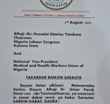 Emir of Daura, Alhaji Umar Faruƙ Umar has appointed the Chairman of the Nigeria Labour Congress of Katsina State as the Sarkin Gabas Daura.
